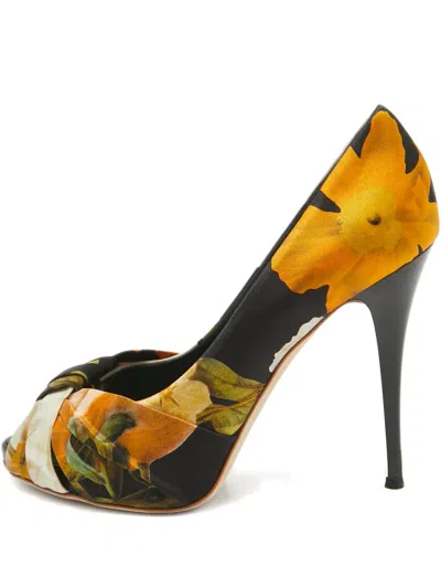 Pre-owned Giuseppe Zanotti Vintage  115mm Floral-print Peep-toe Pumps In Black