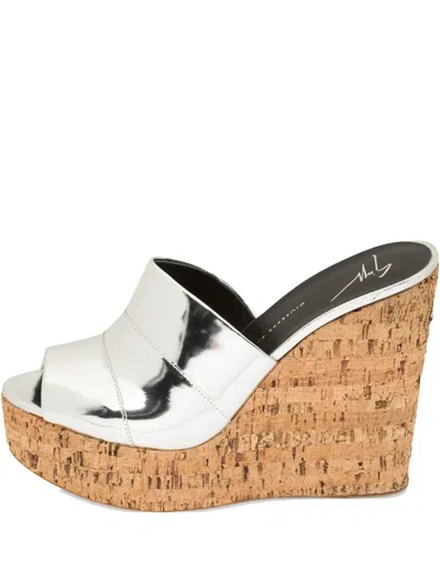 Pre-owned Giuseppe Zanotti Vintage  130mm Cork-wedge Sandals In Silver
