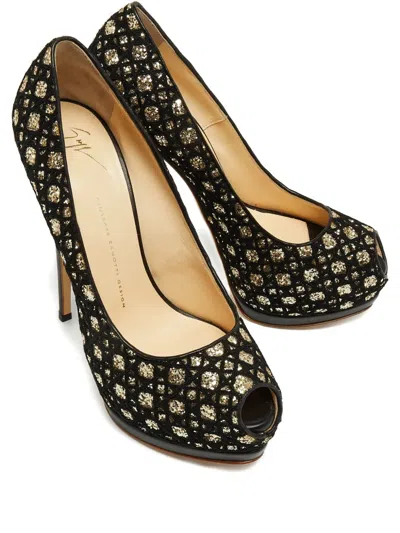 Pre-owned Giuseppe Zanotti Vintage  160mm Glitter Platform Pumps In Black