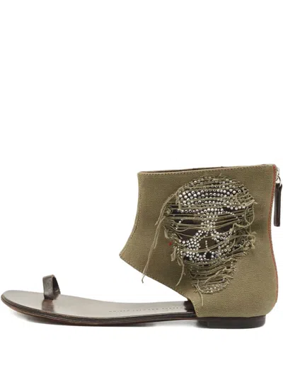 Pre-owned Giuseppe Zanotti Vintage Skull Crystal Canvas Sandals In Green