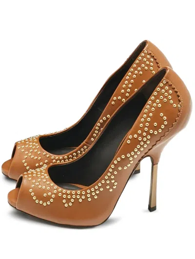 Pre-owned Giuseppe Zanotti Vintage Studded Leather Peep-toe Pumps In Brown