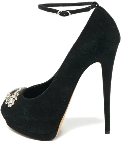 Pre-owned Giuseppe Zanotti Vintage Suede Crystal-embellished Platform Sandals In Black