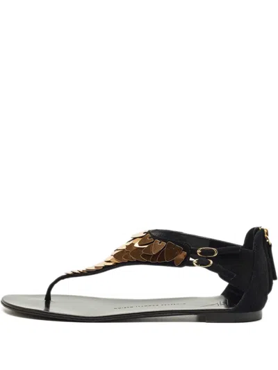 Pre-owned Giuseppe Zanotti Vintage Thong Suede Crystal-embellished Flat Sandals In Black