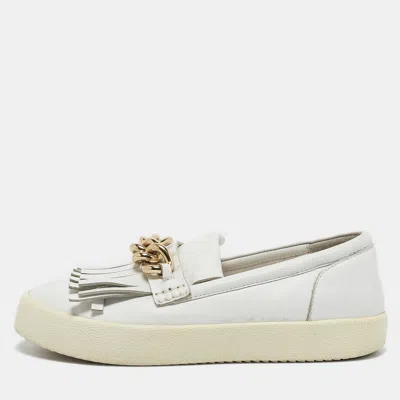 Pre-owned Giuseppe Zanotti White Fringed Leather Slip On Sneakers Size 38