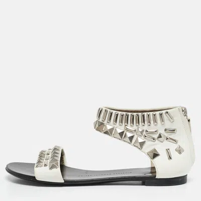 Pre-owned Giuseppe Zanotti White Leather Studded Ankle Cuff Zipper Flats Size 37.5
