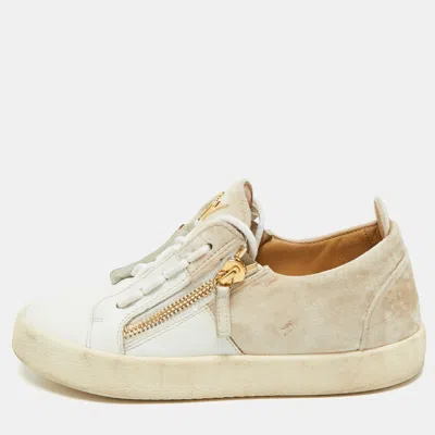 Pre-owned Giuseppe Zanotti White/beige Leather And Velvet Frankie Sneakers Size 39