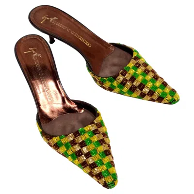 Pre-owned Giuseppe Zanotti Y2k Green & Yellow Beaded Checkered Kitten-heel Mules