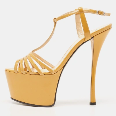 Pre-owned Giuseppe Zanotti Yellow Patent Leather T-strap Platform Sandals Size 37