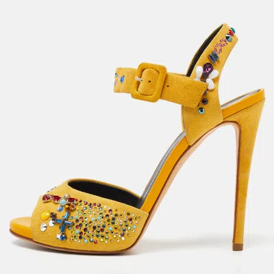 Pre-owned Giuseppe Zanotti Yellow Suede Crystal Embellished Ankle Strap Sandals Size 38.5