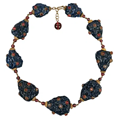 Pre-owned Givenchy 1960s Golden Metal Necklace With Blue Enamel & Glass Pearls