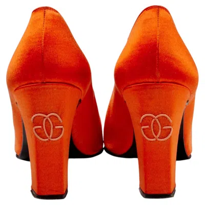 Pre-owned Givenchy 1970s  Paris Orange Silk Satin Block Heel Pumps, Interlocking Gg Logo