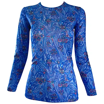 Pre-owned Givenchy 1970s  Vintage Fitted Jersey Blue Watercolor Swirls Blouse Top