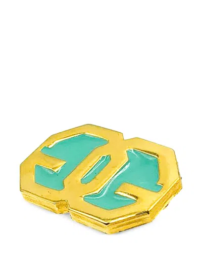 Pre-owned Givenchy 1980 Enamel Double G Brooch In Gold