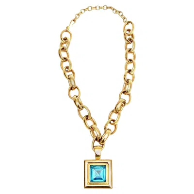 Pre-owned Givenchy 1980's  Brass Chain Link Necklace With Turquoise Glass Medallion In Sand