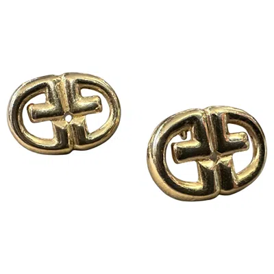 Pre-owned Givenchy 1980s Costume Jewelry Logo Gilt Metal Earrings By  In Multi