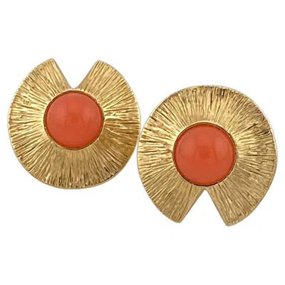 Pre-owned Givenchy 1980s  Gold Textured Clip-on Earrings With Orange Cabochons