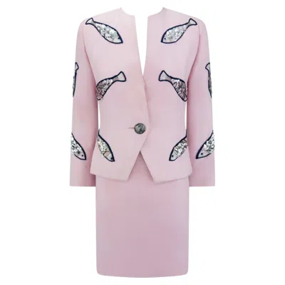 Pre-owned Givenchy 1980s  Pink Sequin Beaded Fish Motif Skirt Suit Fr34