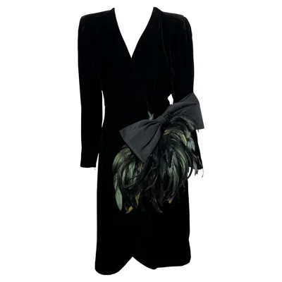 Pre-owned Givenchy 1980s  Plunging Black Velvet Feather Bow Wrap-style Cocktail Dress