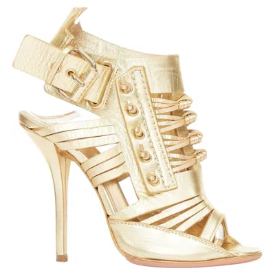 Pre-owned Givenchy 2008 Runway Metallic Gold Leather Caged Gladiator Heels Eu37