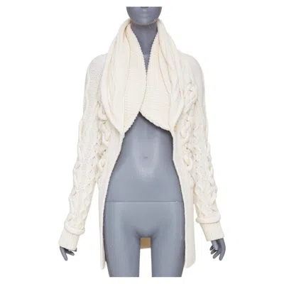 Pre-owned Givenchy 2011 Strategic Chunky Cable Knit Cream Cowl Neck Long Cardigan Top Xs In White