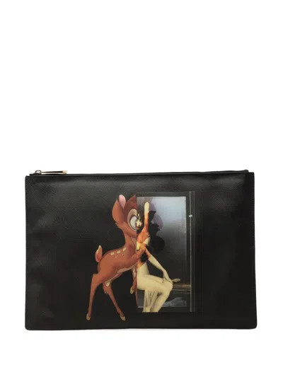 Pre-owned Givenchy 2014 Bambi Printed Leather Zip Clutch Bag In Black