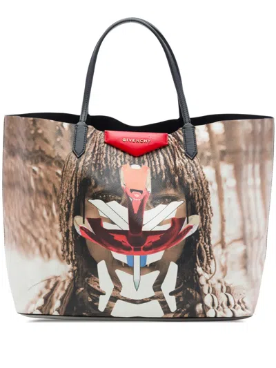 Pre-owned Givenchy 2014 Large Textured Coated Canvas Tribal Girl Print Antigona Tote Bag In Brown