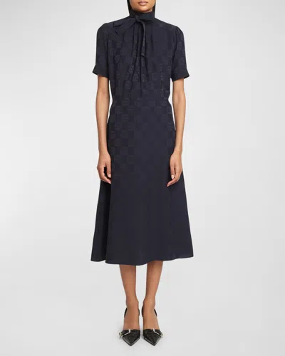 Givenchy 4g Baroque Jacquard Midi Dress With Tie Neck In Navy