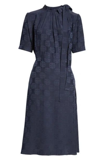 Givenchy 4g Baroque Jacquard Midi Dress With Tie Neck In Navy