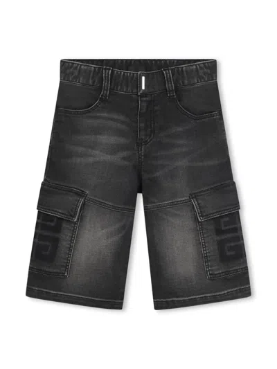 Givenchy Kids' 4g-motif Denim Cargo Shorts In Black