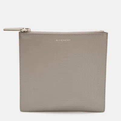 Pre-owned Givenchy 4g Grey Monogram Embossed Leather Flat Pouch In Gray