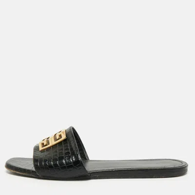 Pre-owned Givenchy 4g Size 40 Black Croc Embossed Leather Flat Sandals