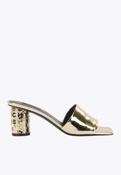 Givenchy 65mm Logo Heel Metallic Leather Mule Sandals In Gold