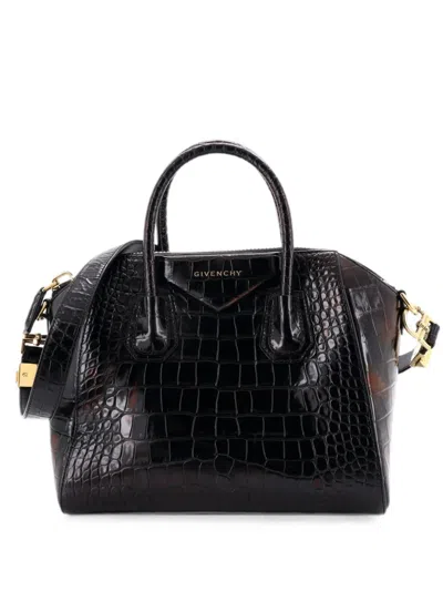 Pre-owned Givenchy Antigona Bag Crocodile Embossed Leather Medium Satchel In Black