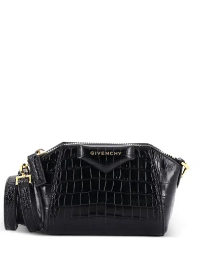Pre-owned Givenchy Antigona Crocodile Embossed Leather Nano Crossbody Bag In Black