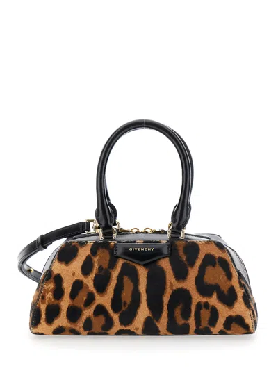 Givenchy Antigona East West Brown Mini Handbag With Animalier Print And Logo Lettering, 24x11x11 Cm In Multicolor