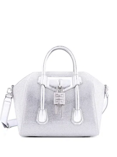 Pre-owned Givenchy Antigona Lock Bag Crystal Embellished Satin Mini Satchel In Silver