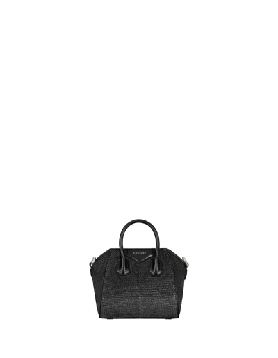 Givenchy Antigona Micro Bag In Black Satin With Rhinestones