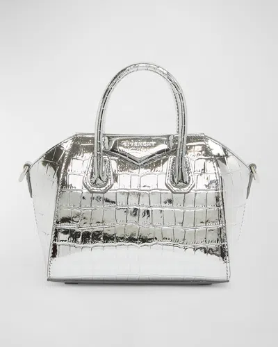 Givenchy Antigona Toy Top-handle Bag In Metallic Croc-embossed Leather In Light Silver
