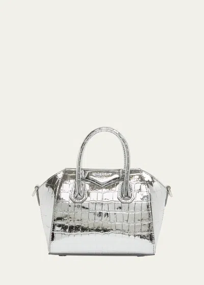 Givenchy Antigona Toy Top-handle Bag In Metallic Croc-embossed Leather In Light Silver
