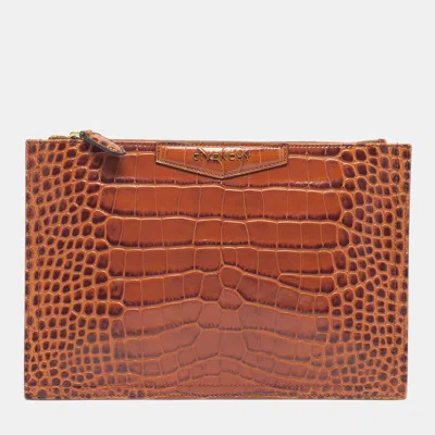 Pre-owned Givenchy Antigona Zip Brown Croc Embossed Leather Clutch