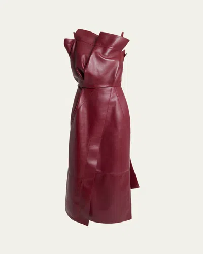Givenchy Asymmetric Ruffle Leather Midi Dress In Oxblood Red