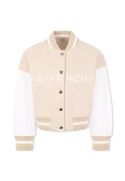 Givenchy Kids' Beige Crop Bomber Jacket For Girl With Logo