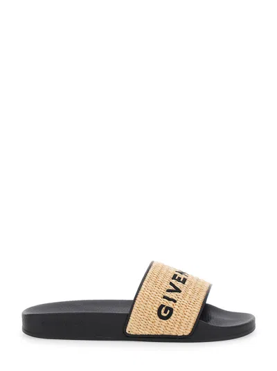 Givenchy Beige Sandals With Raffia Strap And Logo Lettering On The Front In Cotton Blend And Tech Fa In Brown