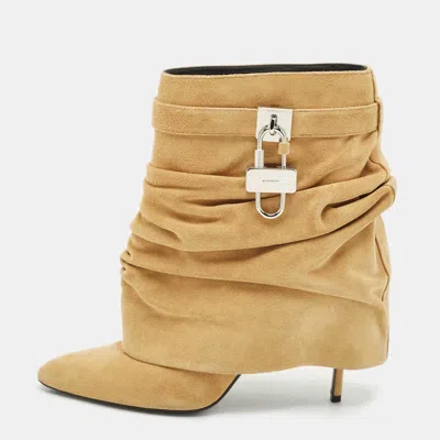 Pre-owned Givenchy Beige Suede Shark Lock Slouchy Silhouette Ankle Boots Size 40