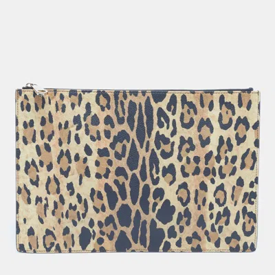 Pre-owned Givenchy Beige/black Leopard Print Coated Canvas Zip Pouch In Sand