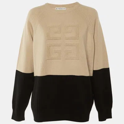 Pre-owned Givenchy Beige/black Logo Patterned Cashmere Crew Neck Sweater L In Sand