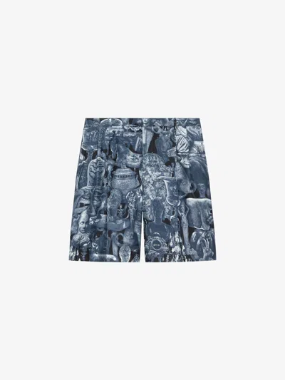 Givenchy Bermuda Shorts In Silk With Hubert Objects Print In Blue