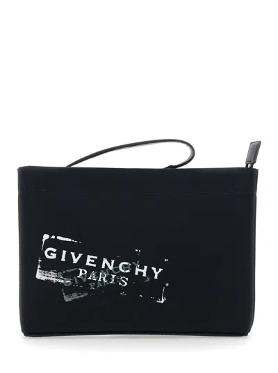 Givenchy Black Clutch Bag With Top Handle And Logo Print On The Front In Cotton Man