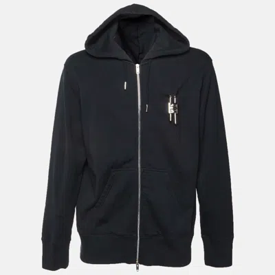 Pre-owned Givenchy Black Cotton Jersey Padlock Detail Zip Up Hoodie L