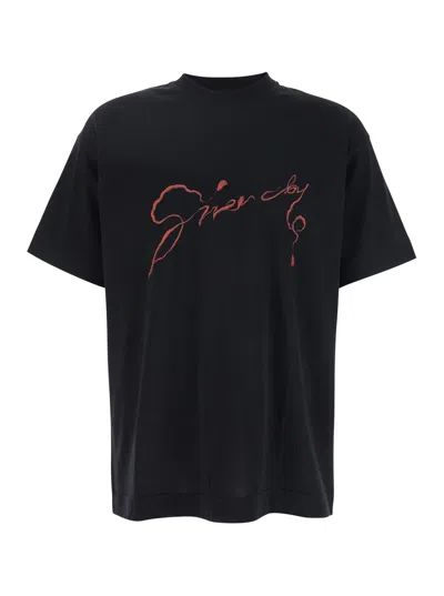 Givenchy Black Crewneck T-shirt With Logo Lettering On The Front And Maxi Logo Print On The Rear In Cotton Ma